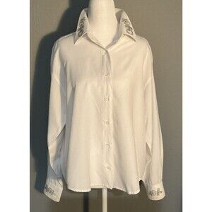 Christine Alexander Western Rhinestone Jeweled White Button Up Shirt Large